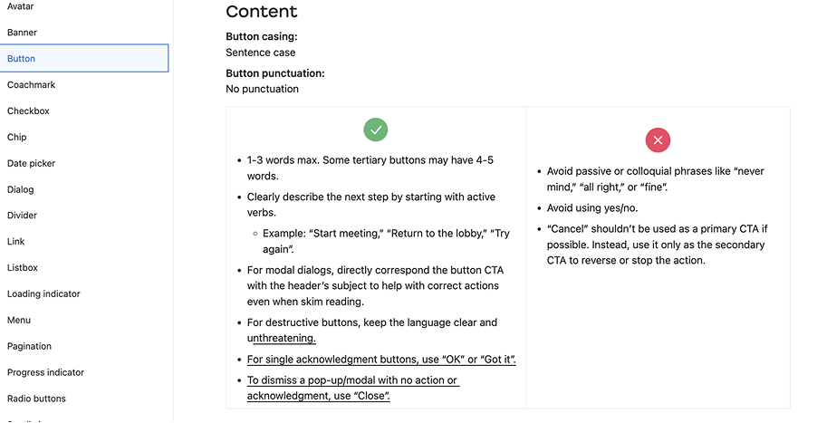 Content do and don't examples for component guidelines