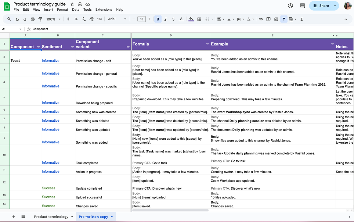 Product terminology guide spreadsheet showing component, sentiment, formula, and example columns