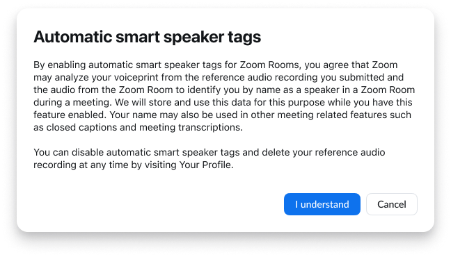 Automatic smart speaker tags consent dialog