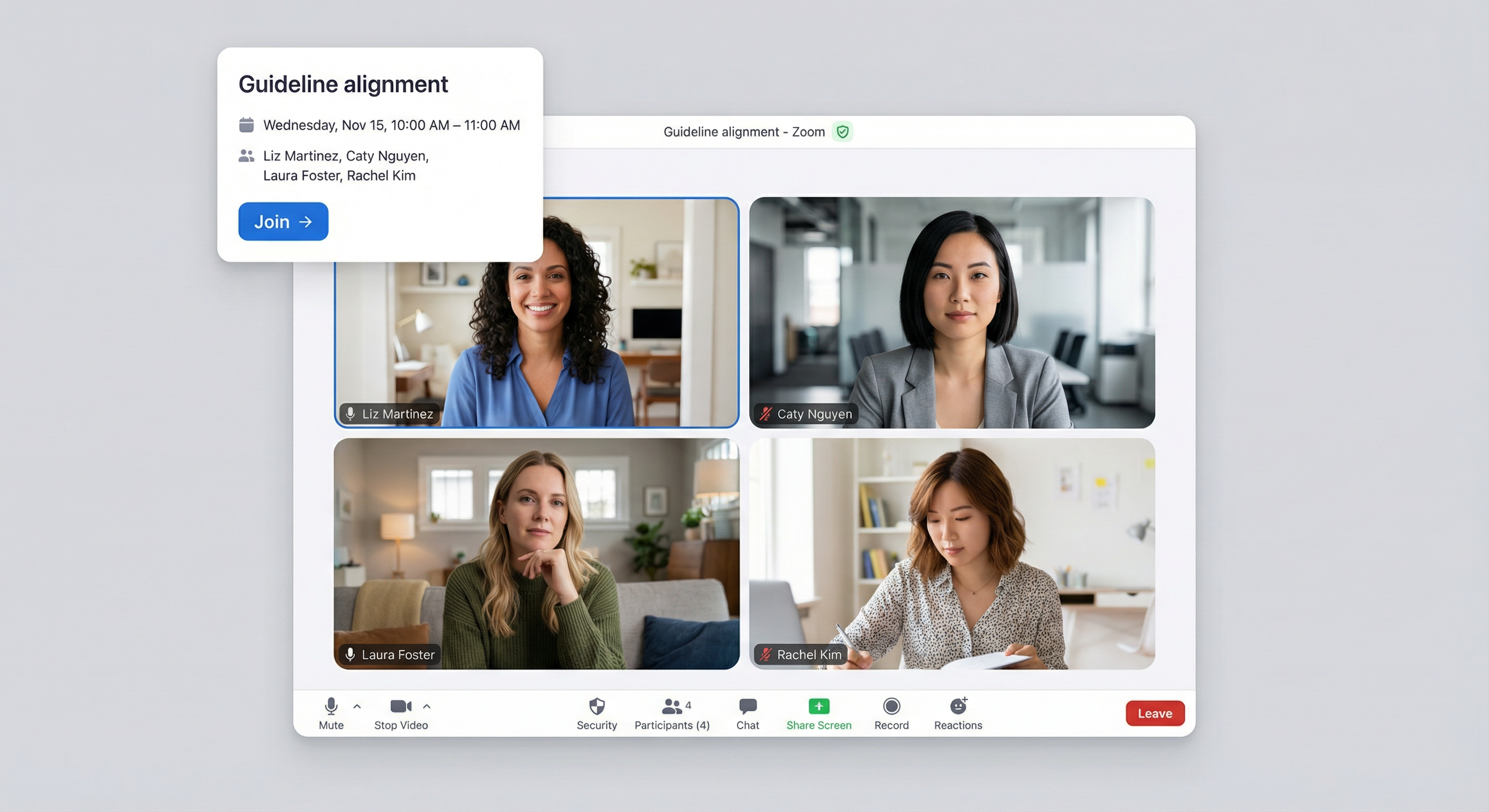 Zoom meeting for guideline alignment with Liz, Caty, Laura, and Rachel in gallery view